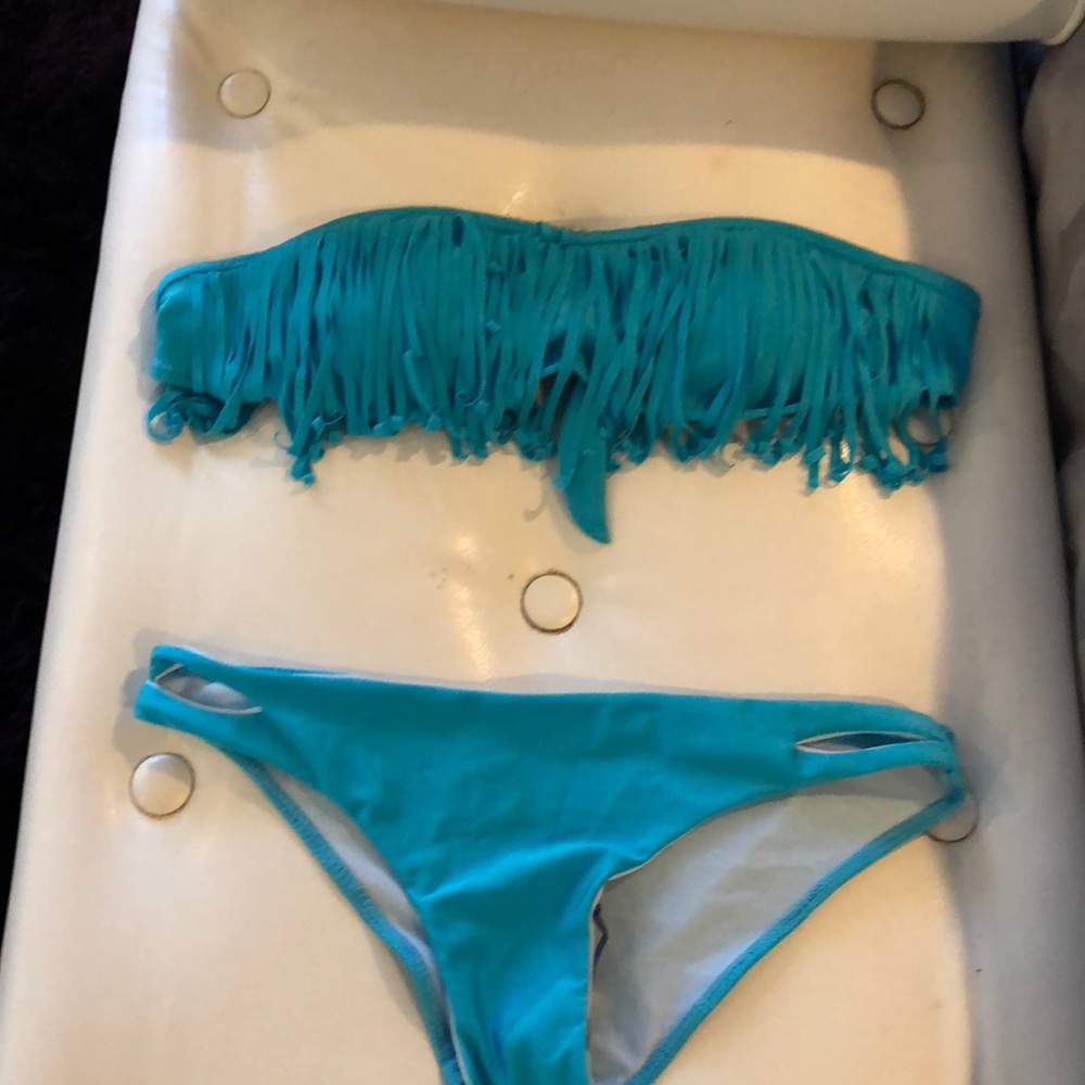 Turquoise fringe 2 piece bathing suit